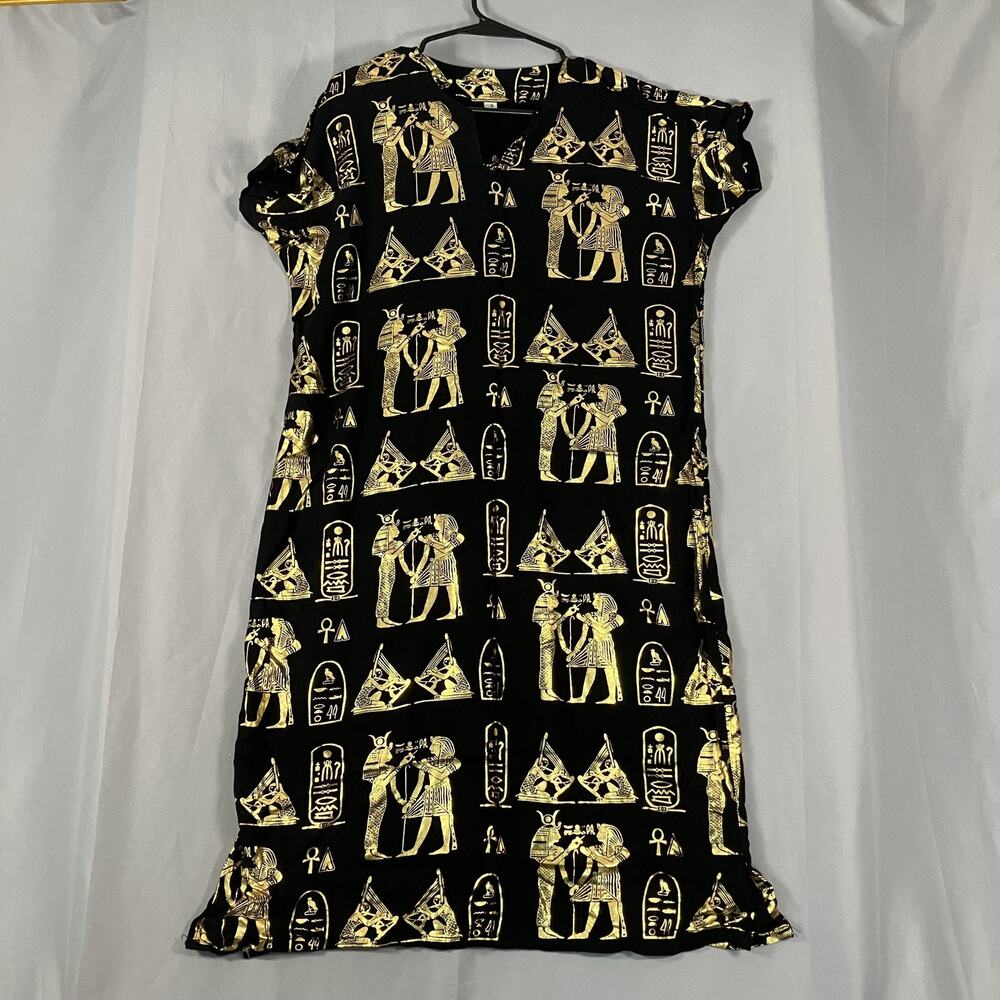 Egyptian Print Dress Womens Large Black‎ Gold V-Neck Short Sleeve Ruffle Midi